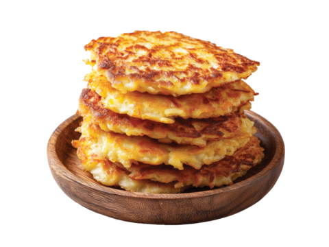  potato pancakes stacked on a wooden plate isolated on transparent background png