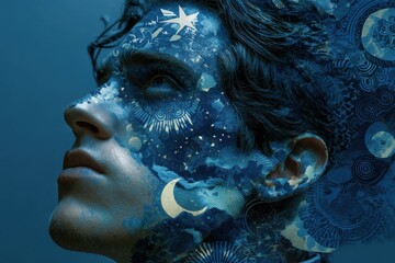A person's face adorned with celestial designs in deep blue tones.