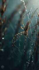 Close-up of a spider on a dew-covered web.