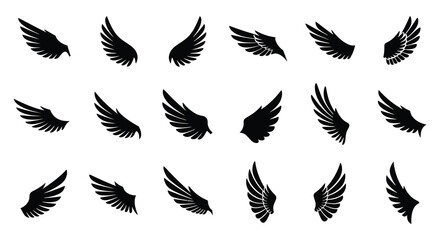 Obraz premium Collection of black wing silhouettes in various positions on white background