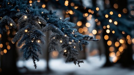 Christmas Tree Branch with Bokeh Lights in Winter