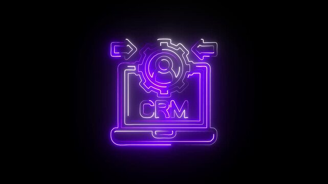 Neon CRM System Icon Customer Relationship Management Interface with Gear and Arrows on Laptop Screen in Glowing Digital Style