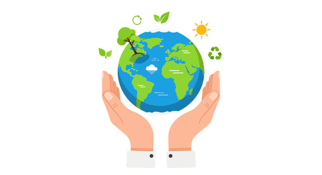 A conceptual vector illustration combining human care and environmental responsibility, with hands gently holding a green planet Earth.
