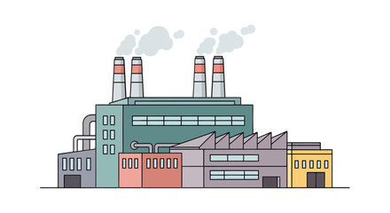 Fototapeta premium Industrial factory building with smoking pipes, a modern manufacturing plant for processing raw materials. Vector line art illustration.