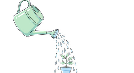 Illustration of a watering can nurturing a small plant in a pot. Concept of growth, care, gardening, and new beginnings.