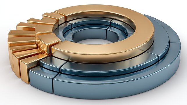 Abstract 3D Circular Diagram with Metallic Gold and Blue Elements for Business and Data Visualization Concepts