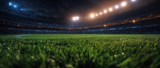 The vibrant green field illuminated by stadium lights at night.
