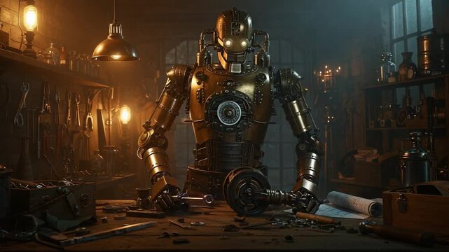 An intricately designed robot in a steampunk workshop meticulously works on mechanical parts, surrounded by tools and dim ambient lighting, showcasing the fusion of technology and artistry.
