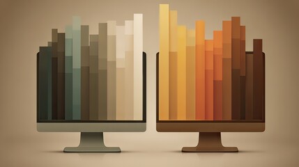 Abstract Digital Artwork of Two Monitors Displaying Colorful Bar Graphs for Data Visualization Concepts