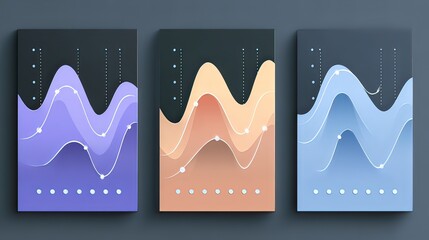 Abstract colorful wave graphs in three panels showing data trends and statistics in modern design aesthetics