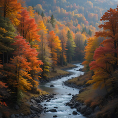 Beautiful Mountain River Flowing Through Vibrant Autumn Forest