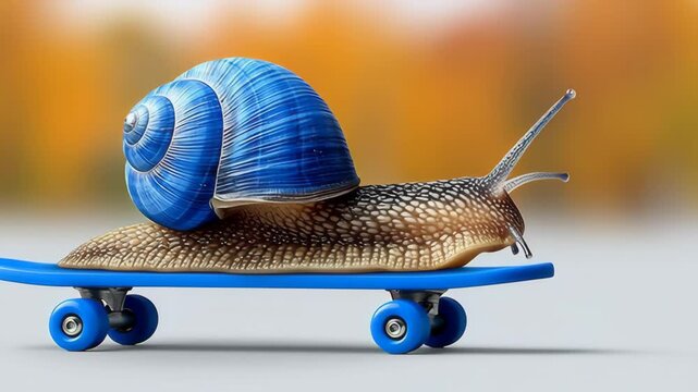 Colorful snail with a vibrant blue shell is riding a skateboard, showcasing a whimsical and playful scene, blending nature with urban elements in a creative and imaginative way