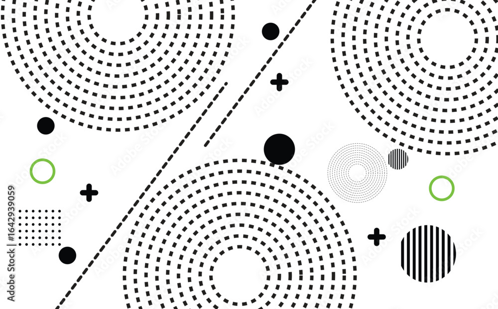 Poster abstract design with geometric shapes, patterns, circle lines on white background.