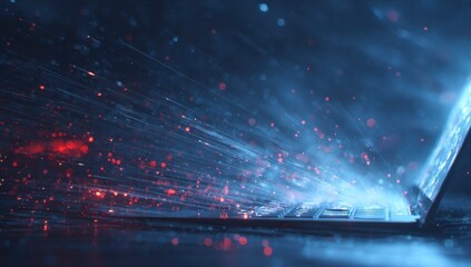 Open laptop illuminated by vibrant streaks of light, particles, and glowing dust