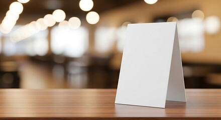 Blank white paper table tent card for menu or advertisement on wooden surface