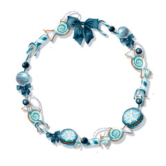 Sweets blue New Year and Christmas. Round wreath watercolor hand drawing for design of cards, textiles and decor