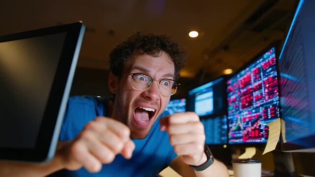 Intense Trading Emotions: A trader reacts with a blend of frustration and tension in front of multiple monitors displaying stock market data, vividly expressing the high-stakes world of finance.