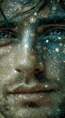 A close-up portrait of a man's face, adorned with celestial imagery.