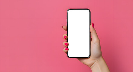Hand with pink manicure holding smartphone with blank screen on pastel pink background.
