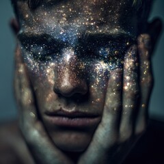 A man's face, adorned with a celestial design.
