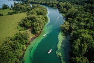 Aerial view of a river winding through lush green forests
