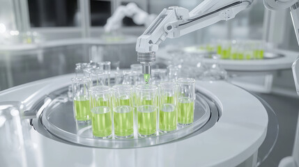 Automated robotic arms efficiently filling glass test tubes with green liquid modern laboratory setting, showcasing advanced technology