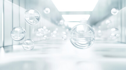 Floating transparent bubbles create serene atmosphere in modern, bright space, reflecting light and enhancing environment elegance