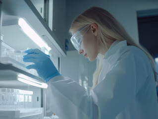 Experienced blonde researcher in full safety gear, focused on laboratory work, examining test tubes in modern lab environment