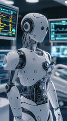 Futuristic AI medical robot standing in high tech surgical environment, showcasing advanced technology and precision