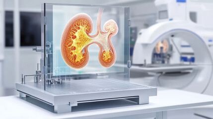 Futuristic bioprinting lab showcasing holographic display of kidney, emphasizing advanced medical technology and innovation