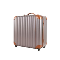 Fototapeta premium Modern silver suitcase with copper accents and wheels isolated on transparent background for travel and business concepts