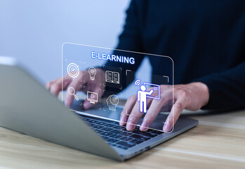 
Man using virtual screen, Online education concept, Choose the correct answer, Online digital technology concept, Online learning training course, Digital 