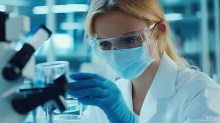 Professional female scientist in laboratory, wearing protective gear, conducting experiments with glassware and microscope. Focused and dedicated