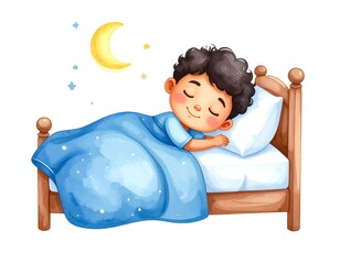 Cute boy sleeping in bed at night