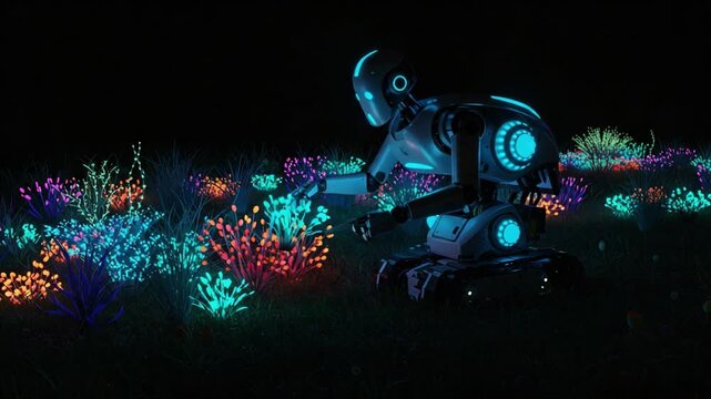 A futuristic robotic gardener carefully tending to vibrant, glowing flowers in a darkened landscape, showcasing the beauty of nature and technology coexisting harmoniously.