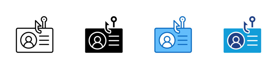 Hooked Id Card Multi Style Vector Icon Design - ID card with a hook symbol, representing identity theft, data phishing, or personal data being targeted or manipulated.