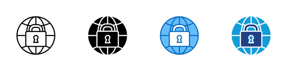 Global Lock Multi Style Vector Icon Design - globe with a centered padlock, representing global data security or encrypted worldwide access
