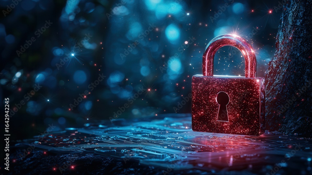 Poster glowing red lock securing microchip on computer motherboard, data cybersecurity symbolizing and prot