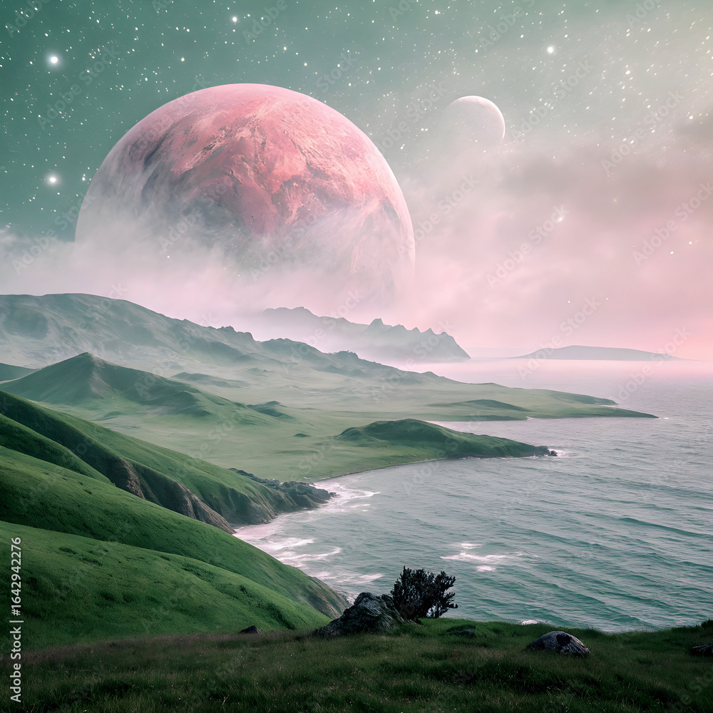 Poster a minimalist alien planet hovering above an alien landscape
