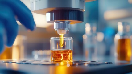 Transparent liquid pouring into small glass bottle in laboratory bubbles creating ripples and setting,
