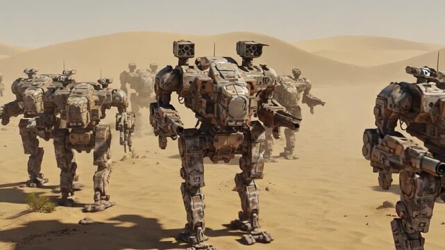 A Battalion of Advanced Robotic Mechs Marching Through a Vast Desert Landscape, Showcasing Futuristic Technology and Military Design Amidst Sand Dunes