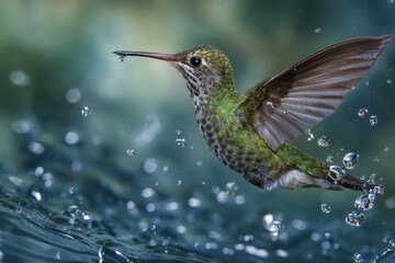 Fototapeta premium Hummingbird Water. Flying Hummingbird with Water Droplets in Nature Setting