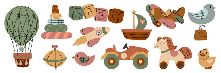 set of children's wooden toys. balloon, pyramid, rocket, boat, horse, bird, and others. A flat color illustration with a doodle effect. A collection of items with delicate retro-style shades