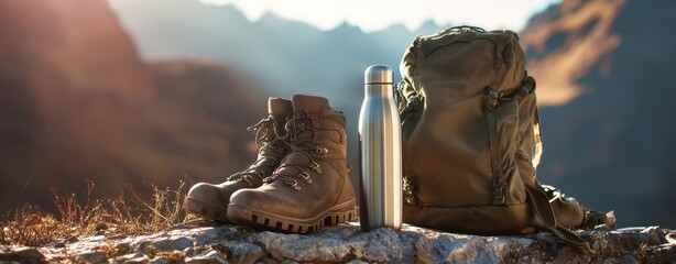 The hiking boots and backpack on a rocky mountainside in sunlight.