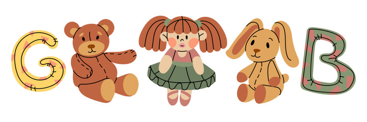 set of soft toys. Pillows shaped like letters G B, bear, hare, and doll. collection of flat, colorful illustrations with doodle lines. Soft toys for boys and girls. Cute objects for play. retro colors