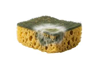 Extreme macro of a small, worn, discolored kitchen sponge fragment with fuzzy green-black and white mold, isolated on a clean transparent studio background, concept of decay and scientific observation