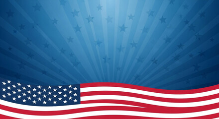 A bright and festive patriotic background with a waving American flag at the bottom and a blue starry sky with light rays perfect for US holiday celebrations