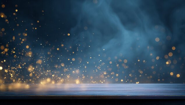 Smoky, golden sparks on a dark wooden surface - Powered by Adobe