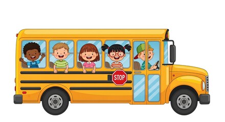 A cartoon school bus with children looking out the windows and a driver at the wheel smiling happily
