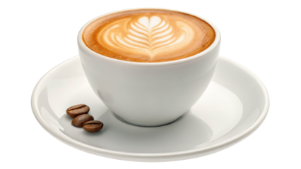 Coffee Cup with Latte Art and Beans isolated on White Background